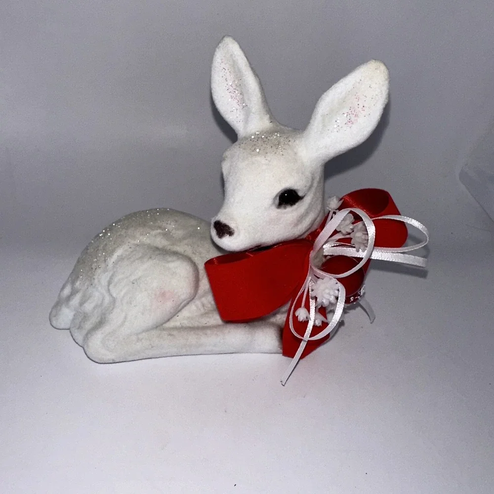 Vintage White Flocked Christmas Decorations Deer Set